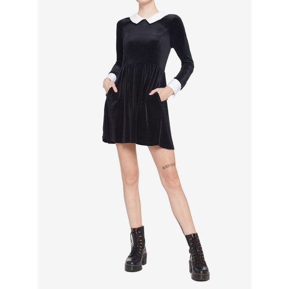 Black Velvet large White Collar Mini Dress Goth Punk Wednesday Addams halloween - Picture 7 of 7